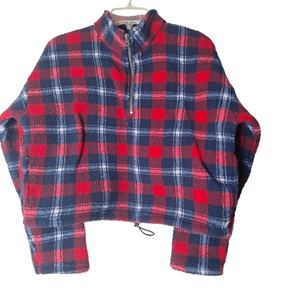 American Eagle Womens Plaid Cropped Fleece Size Extra Small NWT - Picture 1 of 13
